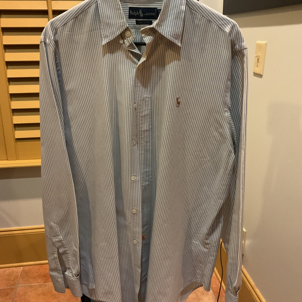 Ralph Lauren Men's White and Blue Pinstripe Shirt